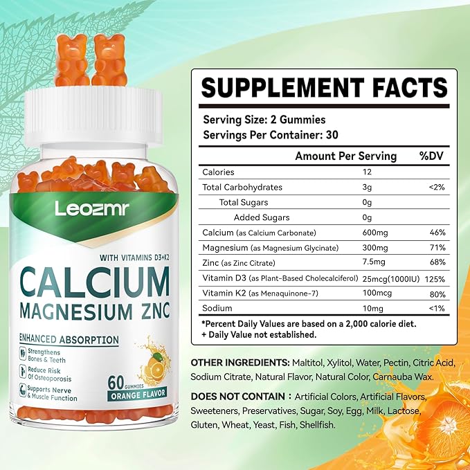 Calcium Magnesium Zinc Gummies with Vitamin D3 & K2 - High Potency Enhanced Absorption -60 Orange Gummies Flavored
