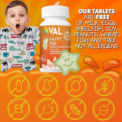 VAL Magnesium for Kids | High-Absorption Magnesium for Calm, Relaxation & Focus | Mg Glycinate, Citrate & Taurate | with Vitamin B6, D & C | Sugar-Free, Non-GMO | Lemonade | 60 Chewable Tablets