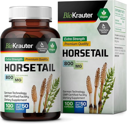 BIO KRAUTER Horsetail Herb Capsules - 800 mg Strength - 100 Count - Horsetail Powder Capsules - Hair Support