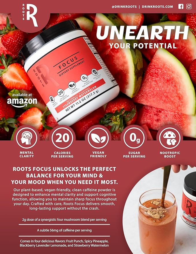 Roots Focus Nootropic Brain Supplement - Fruit Punch & Blackberry Lavender Lemonade- Lions Mane, Cordyceps & Reishi Functional Mushrooms+ Extended-Release Caffeine, 100 Servings