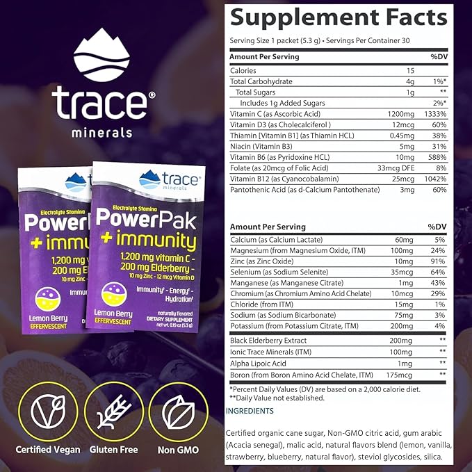 Trace Minerals PowerPak Plus Immunity - Hydration Support Supplement - Vitamin & Mineral Powder with Elderberry - Powder Packet to Aid Immunity & Energy - Fizzy Lemon Berry (30 Servings)