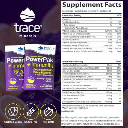 Trace Minerals PowerPak Plus Immunity - Hydration Support Supplement - Vitamin & Mineral Powder with Elderberry - Powder Packet to Aid Immunity & Energy - Fizzy Lemon Berry (30 Servings)