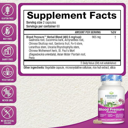 RidgeCrest Herbals Blood Pressure Herbal Formula, 12 Herbs, Poria Mushroom, Gastrodia, Gardenia, for Heart, Vascular, Circulation Health (120 Count)