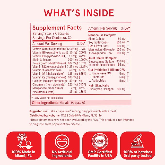 Menopause Multivitamin | 21 Vitamins for Women 45+ | Black Cohosh, Ashwagandha, Vitamin D3+K2, Probiotics & Collagen | Support for Hot Flashes, Mood Swings, Joint & Skin Health | 30 SVG