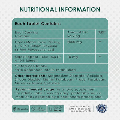 AMBROSIAL Lion's Mane with Black Pepper - 2000 mg Pack of 1-120 Tablets