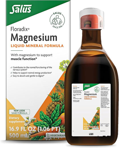 Floradix Magnesium - Liquid Herbal & Mineral Supplement for Bone Support, Digestive Health & More - Vegetarian, Non-GMO - 16.9 fl oz
