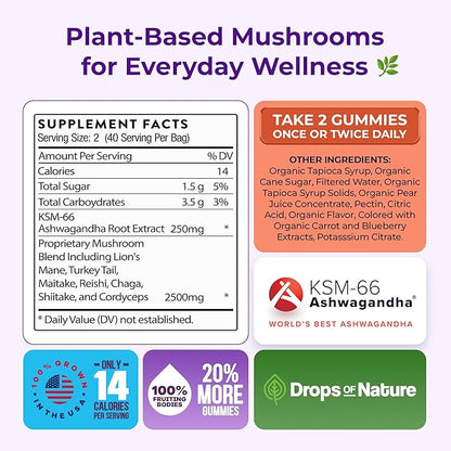 Ashwagandha Gummies and Lions Mane Mushroom Gummies Supplement - Organic - Reishi, Cordyceps, Turkey Tail, Maitake, Shitake, Chaga - Immune Defense, Boosts Cognitive Performance, Vegan, Low Carb