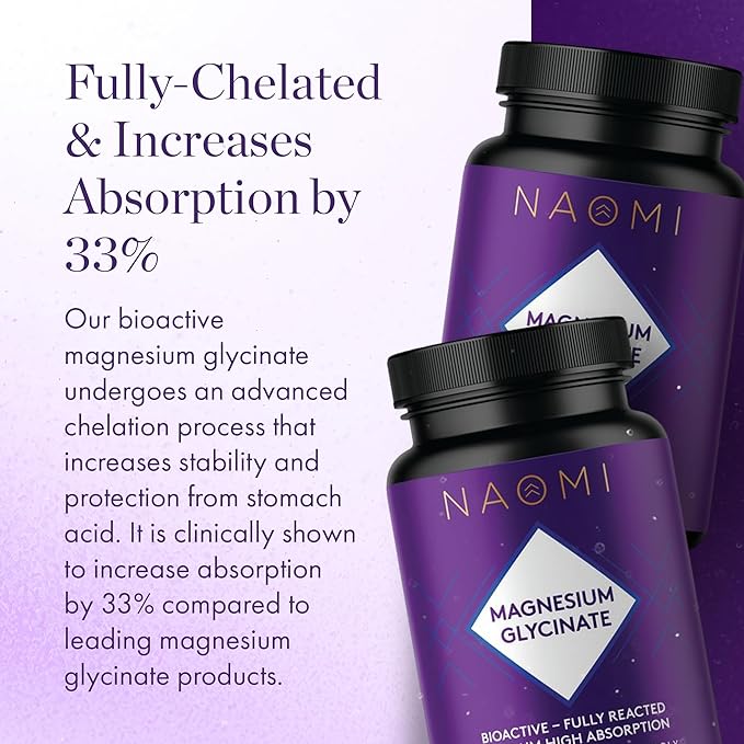 NAOMI Magnesium Glycinate - Bioactive Fully Reacted Premium High Absorption - Supports Muscle, Nerve, & Heart Health - Chelamax Magnesium Bisglycinate - 90 Capsules, 45 Day Supply
