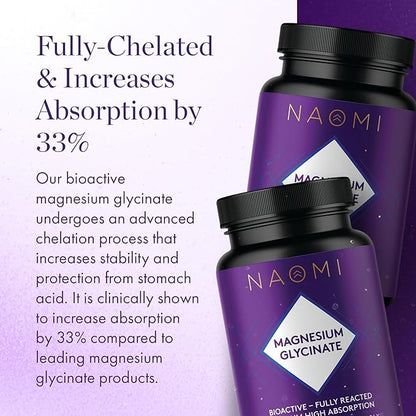 NAOMI Magnesium Glycinate - Bioactive Fully Reacted Premium High Absorption - Supports Muscle, Nerve, & Heart Health - Chelamax Magnesium Bisglycinate - 90 Capsules, 45 Day Supply