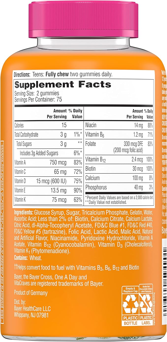 One A Day Teen for Her Multivitamin Gummies, Gummy Multivitamins with Vitamin A, C, D, E and Zinc for Immune Health Support, Physical Energy & more, 150 Count