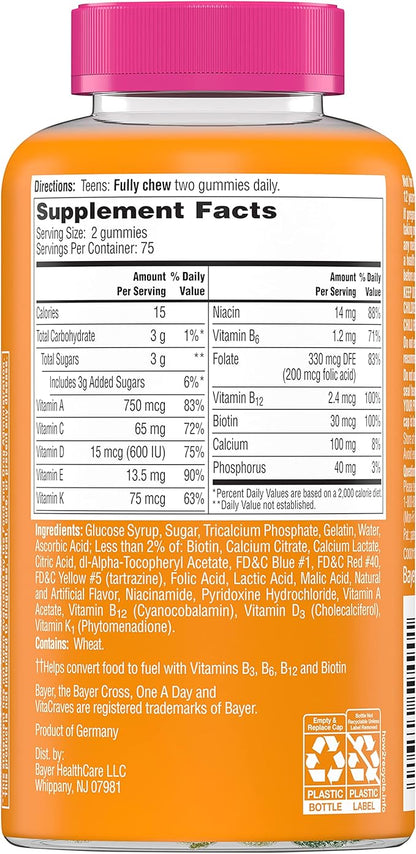 One A Day Teen for Her Multivitamin Gummies, Gummy Multivitamins with Vitamin A, C, D, E and Zinc for Immune Health Support, Physical Energy & more, 150 Count