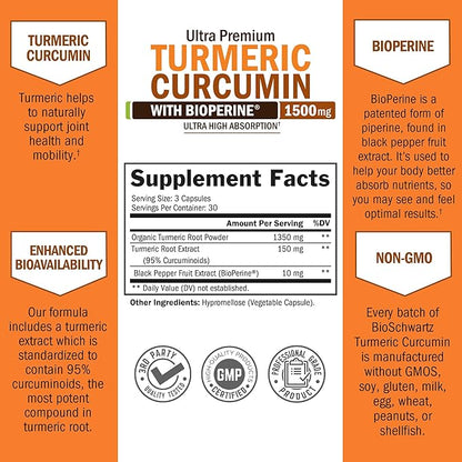 Turmeric Curcumin with Black Pepper Extract 1500mg - High Absorption Ultra Potent Turmeric Supplement with 95% Curcuminoids and BioPerine - Non GMO Tumeric Capsules for Joint Support - 90 Capsules