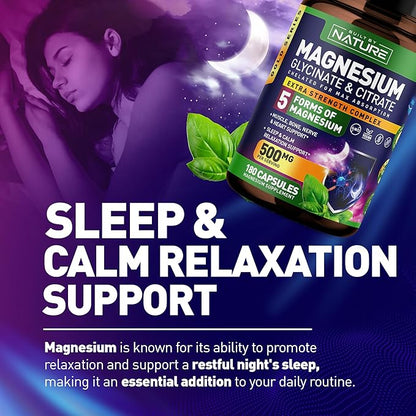 Magnesium Complex 500mg - 5 Forms of Magnesium Glycinate, Citrate, Malate, Oxide & Aquamin with 72 Trace Minerals - Chelated for Absorption - Supplement for Muscle, Nerve, Heart & Sleep (180 Capsules)