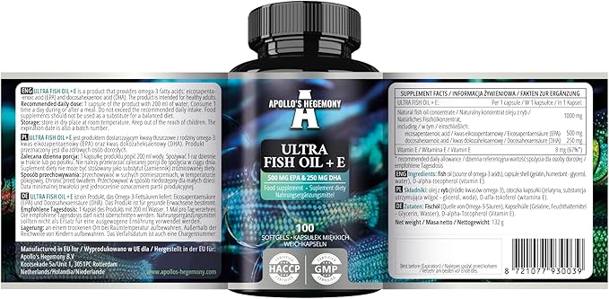 APOLLO'S HEGEMONY Ultra Fish Oil 1000mg with Vitamin E, 100 Softgel Capsules, High Strength Omega 3 with 500mg EPA and 250mg DHA, 3 Months Supply, Fatty Acids (EFAs)