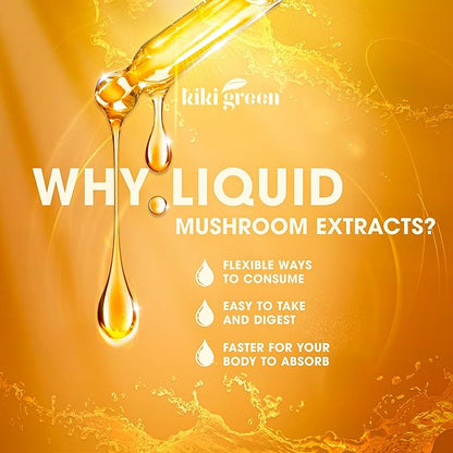 Kiki Green 8 Mushrooms Liquid Extract Drops - Adaptogenic Complex for Cognitive Support, Immunity Boost - Lions Mane Supplement, Cordyceps, Chaga, Reishi, Shiitake, Maitake, Red Reishi