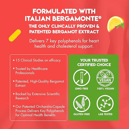 Bergamot Heart -1000mg Certified Bergamonte Citrus Bergamot - Cardiologist Developed & Clinically Proven - Highest Polyphenols - Supplement for High Cholesterol & Heart Health