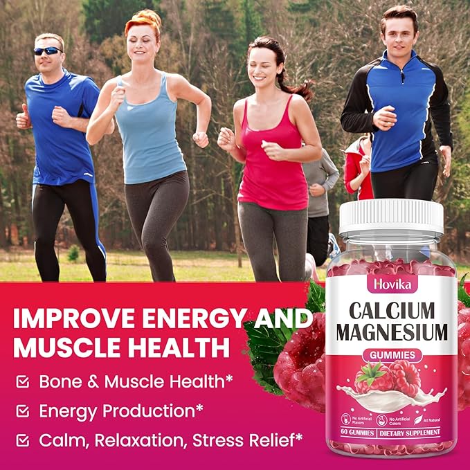 Calcium Magnesium Zinc Gummies, Calcium Magnesium 2:1 Ratio with Vitamin D3, K2, B6, B12 for Bone Strength, Muscle Function & Nerve Health, Extra Absorption Formula, Vegan, Raspberry Flavor 60 Gummies