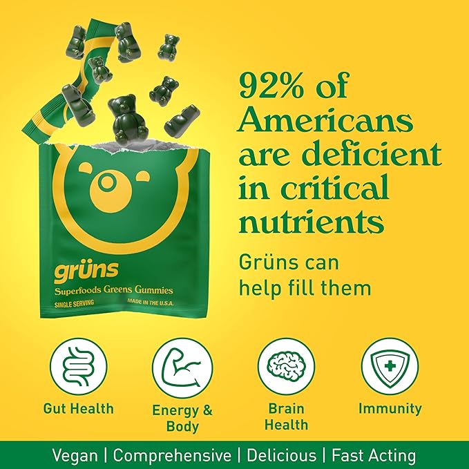 Gruns Adult Sugar-Free Super Greens Gummies, Superfood Gummy Bears with Spirulina, Chlorella, Fiber & Prebiotics for Digestive Health, Adaptogens Supplement with 20 Vitamins & Minerals, 28 Packets