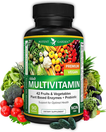 Potent Garden Adult Multivitamin for Women & Men, 42 Fruits & Vegetables Plus Probiotics, Supports Energy Metabolism & Immune System, Daily Multivitamin for Men & Women Non-GMO, 90 Tabs, 30 Servings