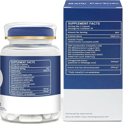 Akkermansia Probiotic with Butyrate, 30 Billion CFU Akkermansia Muciniphila Probiotics for GLP-1 Production, Supports Digestive & Gut Health for Women & Men, Delayed Release, 60 Count (Box Included)