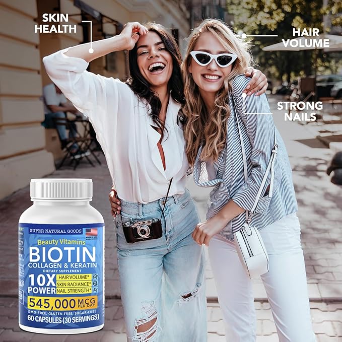 Biotin and Collagen Vitamins + Keratin with Folate - Hair Loss Treatments for Women & Men - Follicle, Skin and Nail Supplements for Hair Growth & Postpartum Support - GMO Free & Gluten Free (120 Caps)