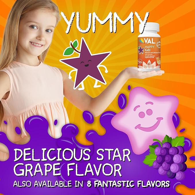 VAL Magnesium for Kids | High-Absorption Magnesium for Calm, Relaxation & Focus | Mg Glycinate, Citrate & Taurate | with Vitamin B6, D & C | Sugar-Free, Non-GMO | 60 Chewable Tablets