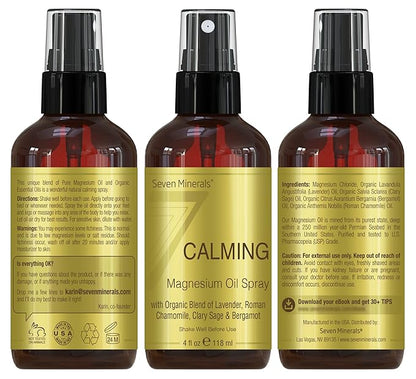 Seven Minerals Calming Magnesium Spray | 100 Percent Natural Essential Oils Blend - Made in USA (Lavender, Roman Chamomile, Clary Sage, and Bergamot) || eBook Included (New)