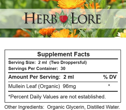 Herb Lore Organic Mullein Tincture Drops - Mullein Leaf Extract for Lungs - Safe for Kids - Alcohol Free (2 fl oz)