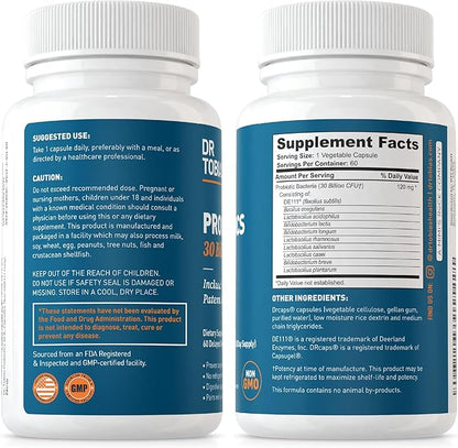 Dr. Tobias Probiotics 30 Billion, 10 Strains, 30 Billion CFU's, Targeted Release Probiotics for Women & Men, Supports Digestive Health, Shelf-Stable, Non-GMO, 60 Capsules, 60 Servings