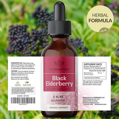 HERBAMAMA Black Elderberry Drops - Vegan Elderberry Liquid Extract for Immune Support - Non-GMO, Alcohol & Sugar-Free Immunity Supplement, 21-Day Supply