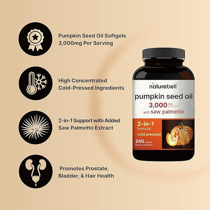 NatureBell Pumpkin Seed Oil 1000mg, 300 Softgels, Cold-Pressed, Rich in Omega 3 6 Essential Fatty Acids, Non-GMO, Made in USA