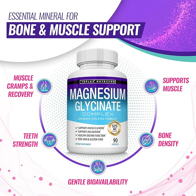 Magnesium Glycinate 525mg - High Absorption Chelated Magnesium Supplement Made with Pure Magnesium Glycinate - Supports Muscles, Sleep, Cramps, Recovery Bisglycinate Complex Vegan Non-GMO 90 Capsules