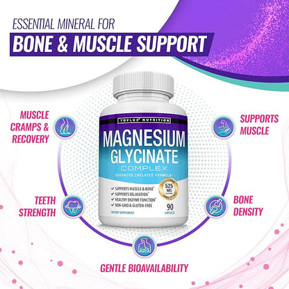 Magnesium Glycinate 525mg - High Absorption Chelated Magnesium Supplement Made with Pure Magnesium Glycinate - Supports Muscles, Sleep, Cramps, Recovery Bisglycinate Complex Vegan Non-GMO 90 Capsules