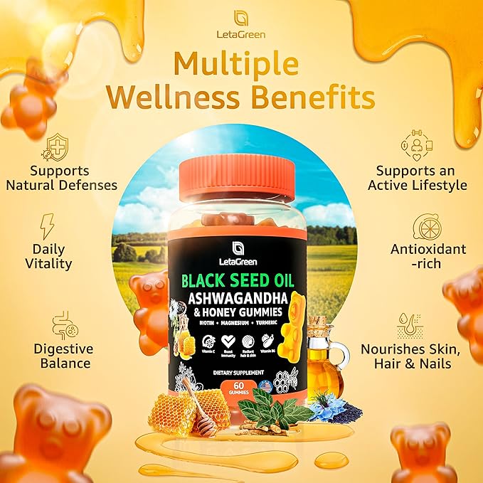 Black Seed Oil Gummies - Black Cumin Seed Oil 500mg Biotin 500mcg Ashwagandha 200mg ACV 100mg Rapeseed Honey 50mg Turmeric 20mg Beet Root 30mg Pomegranate 30mg Magnesium 50mg Vitamin B6 C