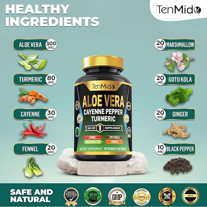 Aloe Vera Capsules Supplement - 8in1 Formula - Combine with Turmeric, Cayenne Pepper, Marshmallow, Fennel, Gotu Kola, Ginger, and Black Pepper - 90 Capsules for 3 Months Supply