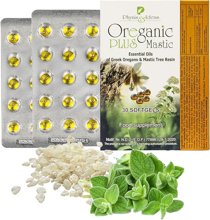 Oreganic Plus Mastic - Oregano Essential Oil Capsules & Chios Mastic Gum Oil - Wild Oregano Oil Capsules Organic - Immune Booster and Intestinal Support - Non-GMO - 30 Count Blister