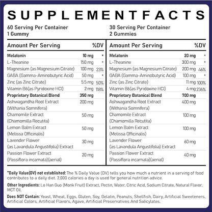 Melatonin 10mg 20mg Gummies for Adults - 10mg of Melatonin Per Gummy with Magnesium, L-Theanine, GABA, Vitamin B6 & Ashwagandha - Supports Health Circadian Rhythm, Sugar Free & Vegan