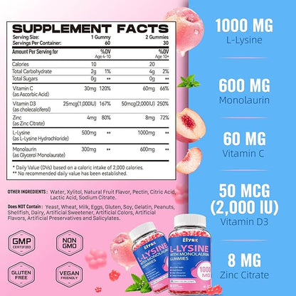 L-Lysine Gummies 1000mg, Sugar-Free Chewable Lysine with Monolaurin Supplement for Adults & Kids, Lips & Oral Health, Immune & Overall Health, Natural Peach Flavor, 60 Count
