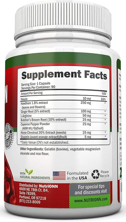 Blood Circulation Support - All Herbal Supplement For Healthy Blood Flow, Arteries & Veins - Promotes Leg Comfort - With Hawthorn, Niacin, L-Arginine, Butcher’s Broom, Cayenne Pepper, Horse Chestnut