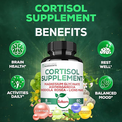 Satoomi 8in1 Cortisol Manager - Supplement with Magnesium Glycinate, Ashwagandha, Rhodiola Rosea, Lions Mane & More - Cortisol Reducer Men & Women - 60 Capsules