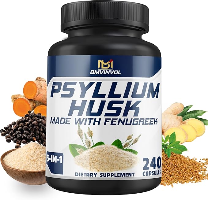 BMVINVOL Psyllium Husk Capsules Fiber Supplement with Fenugreek, Turmeric, Ginger, Black Pepper - Support Digestive System, Intestinal Health - 240 Count for 4 Month Supply