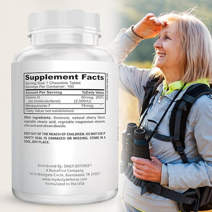 Immune Defense Supplements Vitamin D3 K2 2000IU for Heart Health, Daily Immune Support, Mental Clarity, & Muscle Function - 100 Chewable Tablets
