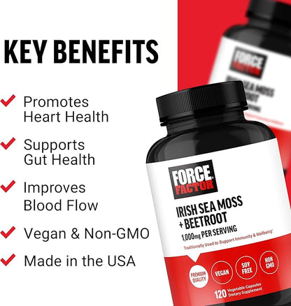 FORCE FACTOR Irish Sea Moss + Beet Root Supplement to Support Immunity, Circulation, Natural Energy, Heart Health, with Antioxidants, Non-GMO, Vegan-Friendly, Soy-Free, 120 Vegetable Capsules