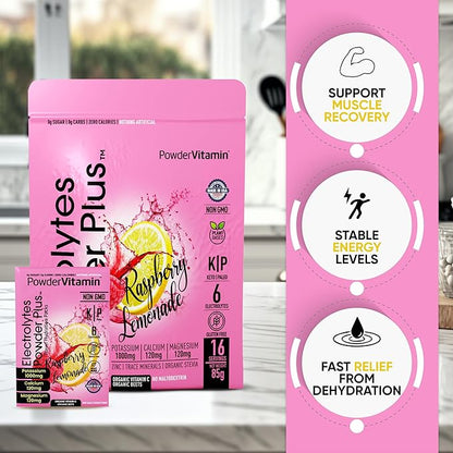 Electrolytes Powder Plus, Keto, Raspberry Lemonade, Sugar Free, Pink Himalayan Salt, 1000mg Potassium, 120mg Calcium, 120mg Magnesium, Non-GMO, Zero Calories, (16 Hydration Packets)