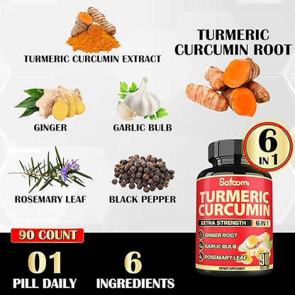Satoomi 6in1 Turmeric Curcumin Supplement - 3 Month Supply - 95% Curcuminoids with Ginger Root, Garlic Bulb, Rosemary & Black Pepper - 90 Capsules