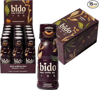 Bido | Women's Wellness Drink | Herbal Formula for Women: Ashwagandha KSM-66, Maca, Ginseng, Damiana & More | 15:1 Female Supplement for Mood, Vitality & Hormone Balance Support | Pomegranate, 15-pack