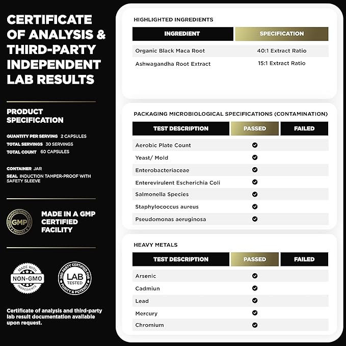 ELMNT 40,000mg 40x Strength Organic Black Maca Root + Ashwagandha - #1 Highest Potency Black Maca Root Capsules for Men Supplement 100% Pure Maca Peruana 40:1 Extract Maca Powder Pills Male Booster