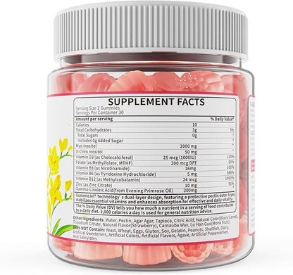Inositol Gummies Supplement with Evening Primrose Oil for Women - 40:1 Ratio Myo-Inositol 2000mg & D-Chiro Inositol 50mg with Vit D3 B12 & Zinc, Sugar-Free for Natural Balance & Wellness, Vegan (60ct)