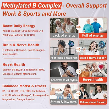 Women's & Men's Super Vitamin B Complex Gummies, Methylated w/ Omega 3, Magnesium, CoQ10, Ashwagandha,Vitamin C, TMG- All B Vitamins- Methyl B12 2000 mcg, Methylfolate(B9),B1,B2,B3,B5,B6,B7- 1Pack