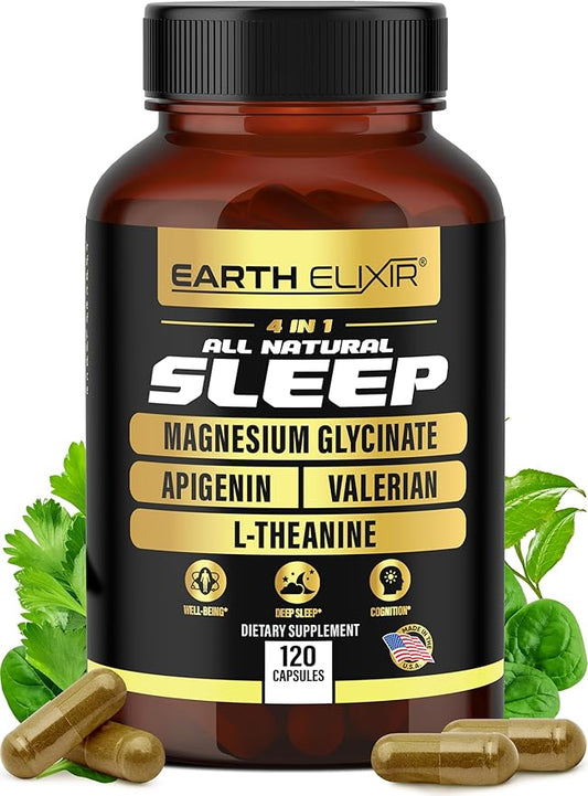 4-in-1 Sleep Aid (120 Caps) w/Apigenin 50mg, Magnesium Glycinate 200mg, L Theanine 200mg & Valerian Root for Sleep Aid 300mg | Apigenin Supplement for Sleep | Sleeping Pills